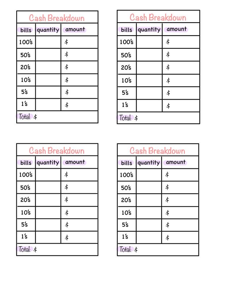 Cash Breakdown Digital Download Printable - Etsy