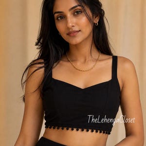 Svart ärmlös blus för sari och lehenga, djup rygg designerblus, specialanpassad brudblus, festblus, färdig designerblus