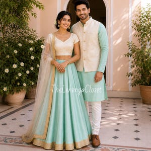 May include: A light mint green lehenga skirt with a gold border, paired with a cream-colored v-neck blouse and a sheer dupatta. Beside it, a light mint green kurta with white trousers and a cream-colored textured vest. Text reads TheLehengaCloset.