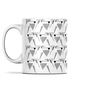 May include: White ceramic mug with a repeating black geometric pattern. The pattern features stylized shapes including triangles, lines, and dots. The mug has a curved handle and a smooth, glossy finish.