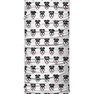 May include: White tubular neck gaiter featuring a repeating pattern of black and white Schnauzer dog faces. The dogs have pink tongues and beards. The gaiter is made of a soft, flexible material.