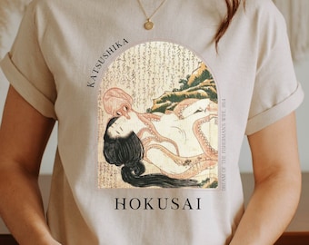 Hokusai Dream Fishermans Wife Japanese T-shirt Ukiyo-e Woodblock Art Japan Kanji Calligraphy Tee Tshirt Great Wave Kanagawa Shunga - HKS 4.1