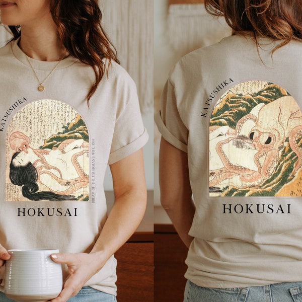 Hokusai Dream Fishermans Wife Japanese T-shirt Ukiyo-e Woodblock Art Japan Kanji Calligraphy Tee Tshirt Great Wave Kanagawa Shunga - HKS 4.3