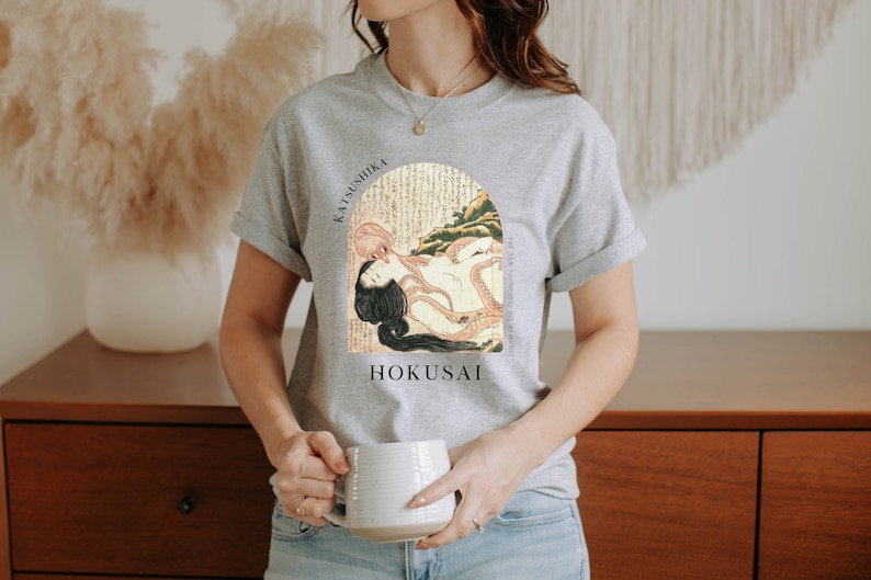 Hokusai Dream Fishermans Wife Japanese T-shirt Ukiyo-e Woodblock Art Japan Kanji Calligraphy Tee Tshirt Great Wave Kanagawa Shunga - HKS 4.1 image 3