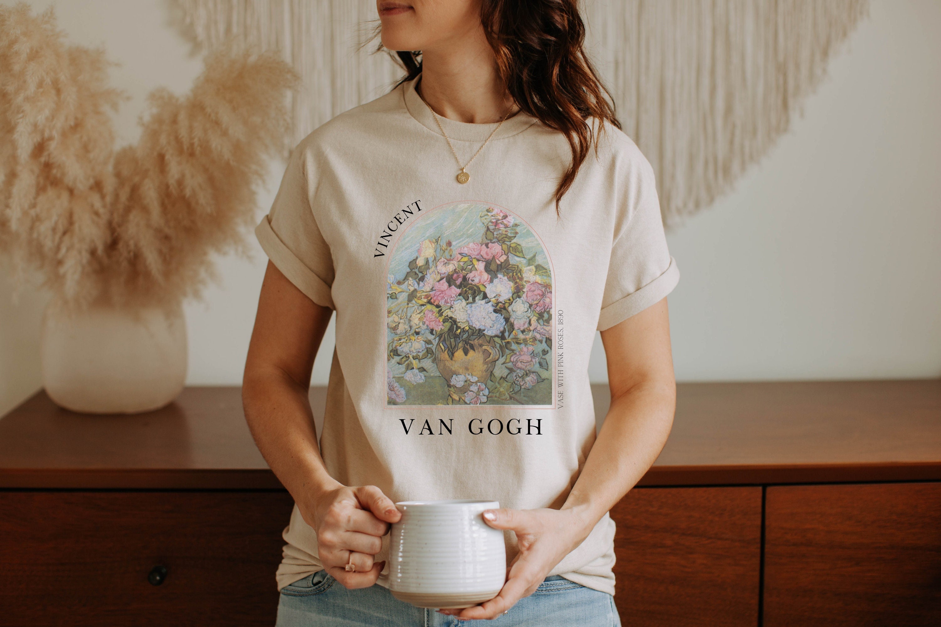 Van Gogh T-Shirt Art History Tee Painting Artist Gift Aesthetic Clothing Shirt Renaissance Impressionist Dark Academia Pink Roses - VG8