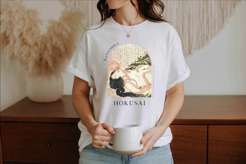 Hokusai Dream Fishermans Wife Japanese T-shirt Ukiyo-e Woodblock Art Japan Kanji Calligraphy Tee Tshirt Great Wave Kanagawa Shunga - HKS 4.1 image 2