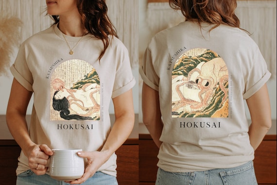 Hokusai Dream Fishermans Wife Japanese T-shirt Ukiyo-e Woodblock Art Japan Kanji Calligraphy Tee Tshirt Great Wave Kanagawa Shunga - HKS 4.3