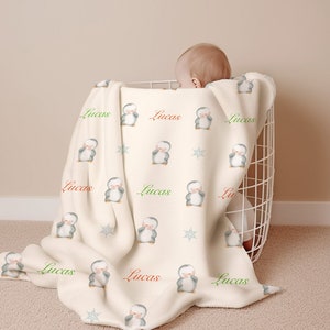 PERSONALIZED Christmas Baby Blanket, Penguin Blankie, Soft Holiday Baby Blanket, Custom Newborn Gift, Toddler Baby Cozy Blanket with Name