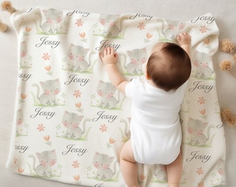 PERSONALIZED Cat Baby Blanket for Girl, Cute Kitty Blankie, Soft Baby Blanket, Custom Newborn Gift, Kitten Nursery Decor, Cat Lovers Blanket