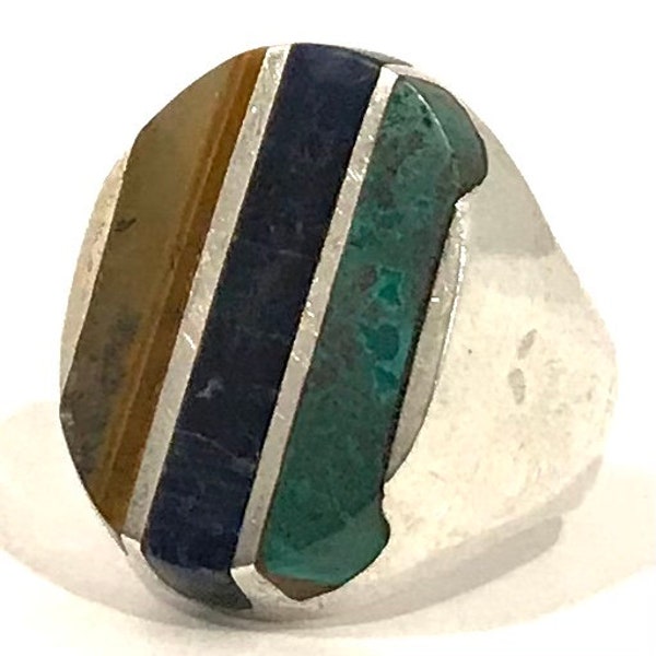 SZ 10 Sterling Silver Ring Vintage Malachite Lapis Tigers Eye