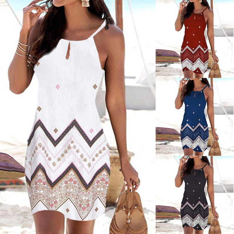 Halter Neck Printed Sleeveless Casual Mini Beach Dresses Etsy
