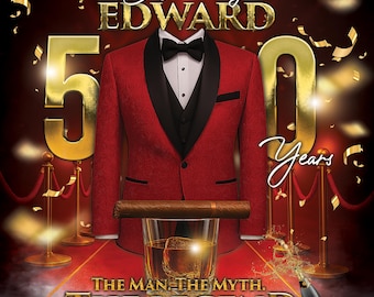 Könnte beinhalten: Ein rotes Smoking-Sakko mit schwarzen Revers, eine schwarze Fliege und eine schwarze Weste. Eine Zigarre liegt auf einem Whiskyglas. Der Text lautet "Celebrating EDWARD 50 Years" und "The Man, The Myth, The Legend."