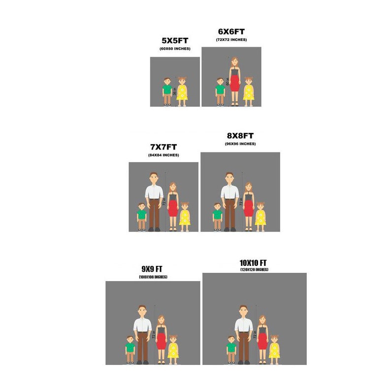Puede incluir: Imagen que muestra fondos de estudio de diferentes tama&ntilde;os con ilustraciones de una familia. Los tama&ntilde;os son 5x5 pies (152x152 cm), 6x6 pies (183x183 cm), 7x7 pies (213x213 cm), 8x8 pies (244x244 cm), 9x9 pies (274x274 cm) y 10x10 pies (305x305 cm).