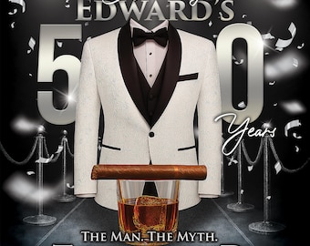May include: A white patterned tuxedo jacket, vest, and bow tie are displayed with a glass of whiskey and a cigar. The image includes the text "Celebrating Edward's 50 Years" and "The Man. The Myth. The Legend."