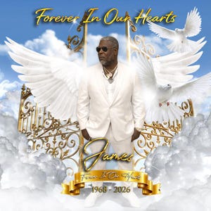 Puede incluir: Gr&aacute;fico conmemorativo que presenta a un hombre con traje blanco, gafas de sol y alas de &aacute;ngel sobre un fondo de cielo. Se muestra el texto "Forever In Our Hearts" y el nombre "James", junto con los a&ntilde;os "1968-2026". Tambi&eacute;n se ven palomas blancas y puertas doradas.