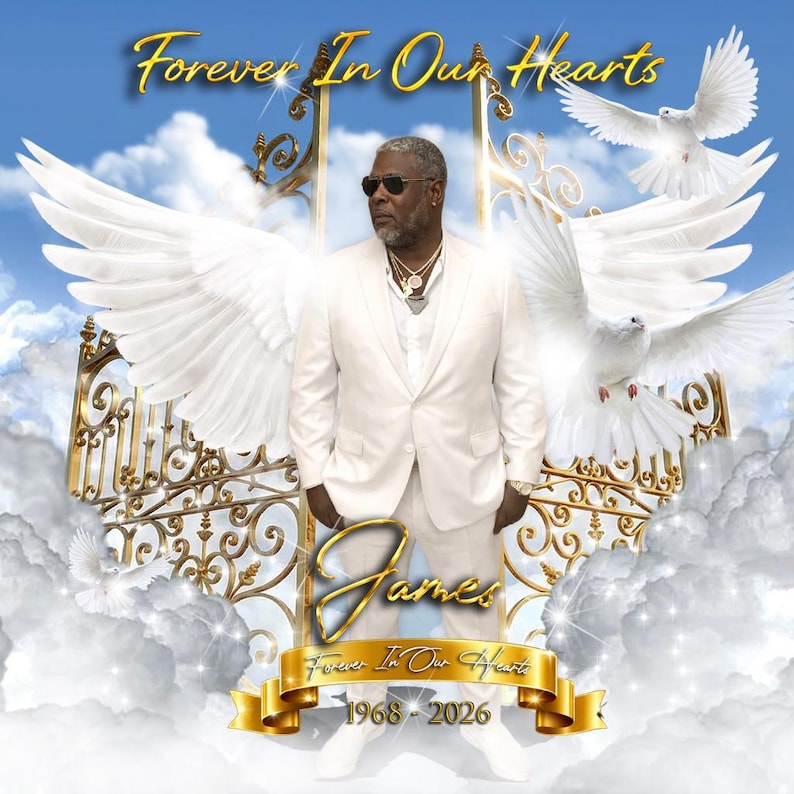 Puede incluir: Gr&aacute;fico conmemorativo que presenta a un hombre con traje blanco, gafas de sol y alas de &aacute;ngel sobre un fondo de cielo. Se muestra el texto "Forever In Our Hearts" y el nombre "James", junto con los a&ntilde;os "1968-2026". Tambi&eacute;n se ven palomas blancas y puertas doradas.