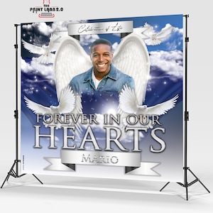 Memorial backdrop - Banner - Floor Wrap - Custom - Step & Repeat  - Wings - Angel - Dove - Forever in our Hearts