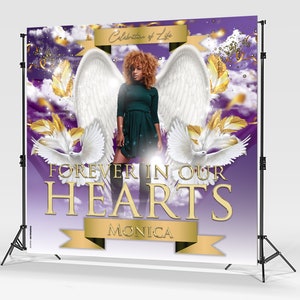 May include: A purple and gold backdrop with white angel wings and doves. The text "Celebration of Life" is at the top, and the text "Forever in Our Hearts MONICA" is at the bottom.