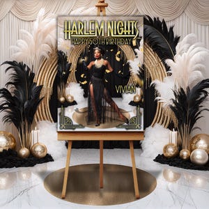 Harlem Nights Birthday Welcome Sign, Have a Roaring Good Time, Roaring 20s, Gatsby, Welcome Sign, feathers, With custom photo added.