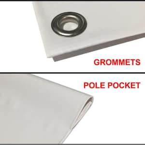 Puede incluir: Primer plano de tela blanca con una arandela met&aacute;lica y el texto "GROMMETS". Debajo, una secci&oacute;n de tela blanca con un borde doblado y el texto "POLE POCKET".