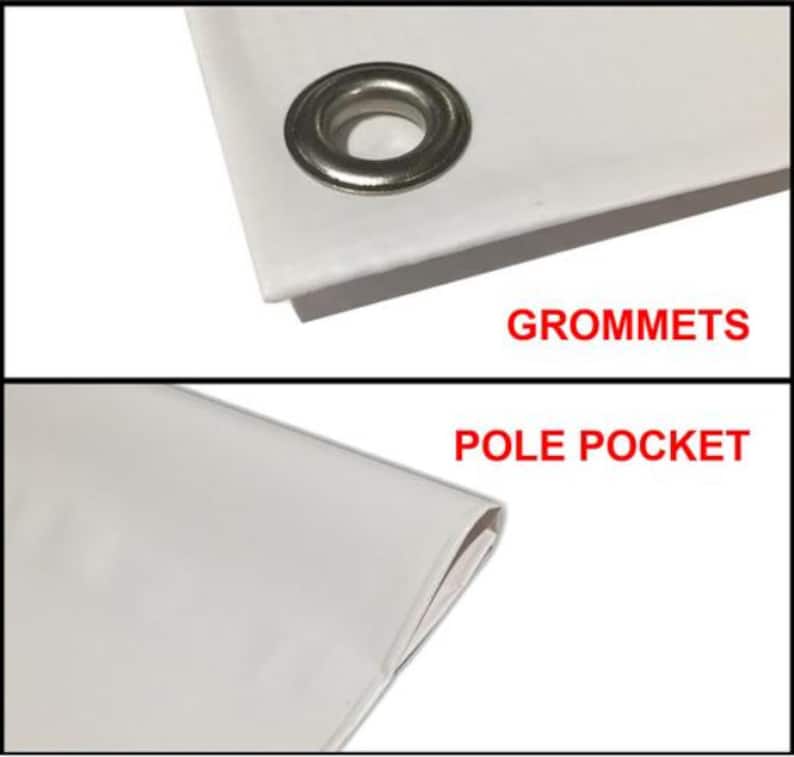 Puede incluir: Primer plano de tela blanca con una arandela met&aacute;lica y el texto "GROMMETS". Debajo, una secci&oacute;n de tela blanca con un borde doblado y el texto "POLE POCKET".