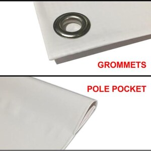 Pode incluir: Close-up de uma faixa branca com ilh&oacute;s de prata e um bolso para vara. O texto "Grommets" e "Pole Pocket" est&aacute; impresso em vermelho.