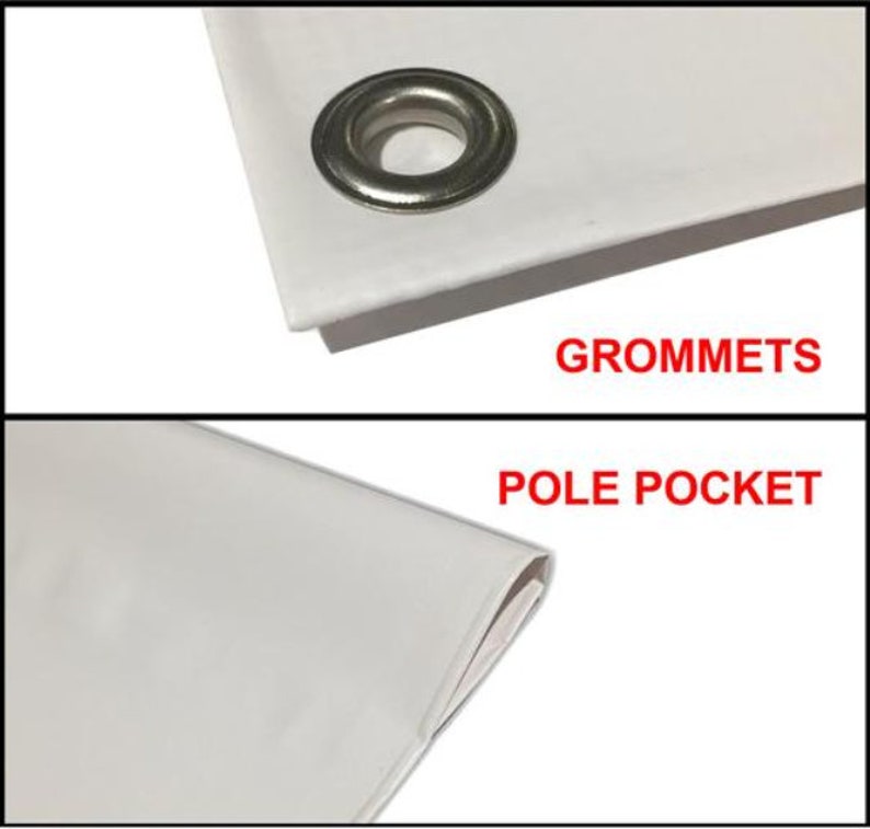 Pode incluir: Close-up de uma faixa branca com ilh&oacute;s de prata e um bolso para vara. O texto "Grommets" e "Pole Pocket" est&aacute; impresso em vermelho.