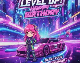 K-Pop Girl Race Car Birthday Backdrop – Custom Photo Banner