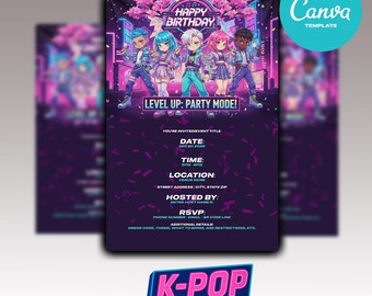 Convite para show de aniversário no estilo K-Pop - Personalizado - Imprimível - Flyer - Canva - Arquivo Digital