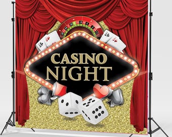 May include: A gold and black casino night backdrop with red curtains, a roulette wheel, playing cards, dice, and the text "Casino Night".