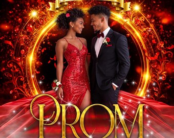May include: A couple in formal attire, a red sequined gown and a black tuxedo, stand in front of a glowing golden frame. The word "PROM" is displayed in gold lettering, with "2026" below. A banner at the top reads "Tanny & Bryce".