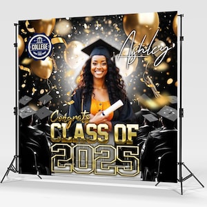 May include: Black and gold graduation backdrop with the text "Congrats Class of 2025" and a graduate in a cap and gown. The backdrop is decorated with gold balloons and confetti.