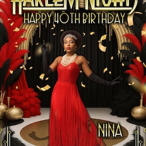 Harlem Nights Birthday Welcome Sign, Have a Roaring Good Time, Roaring 20s, Gatsby, Welcome Sign, Red & Black feathers, With custom photo.