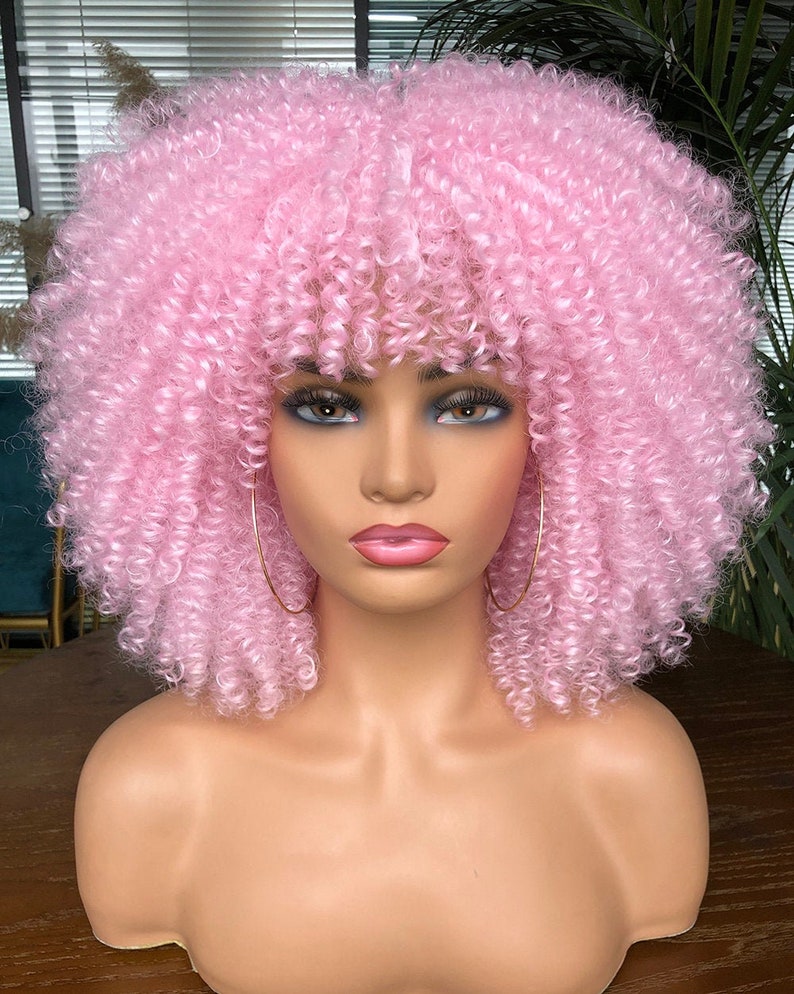 Short Curly Wig with Bnags for Black Women Light Pink Kinky Etsy