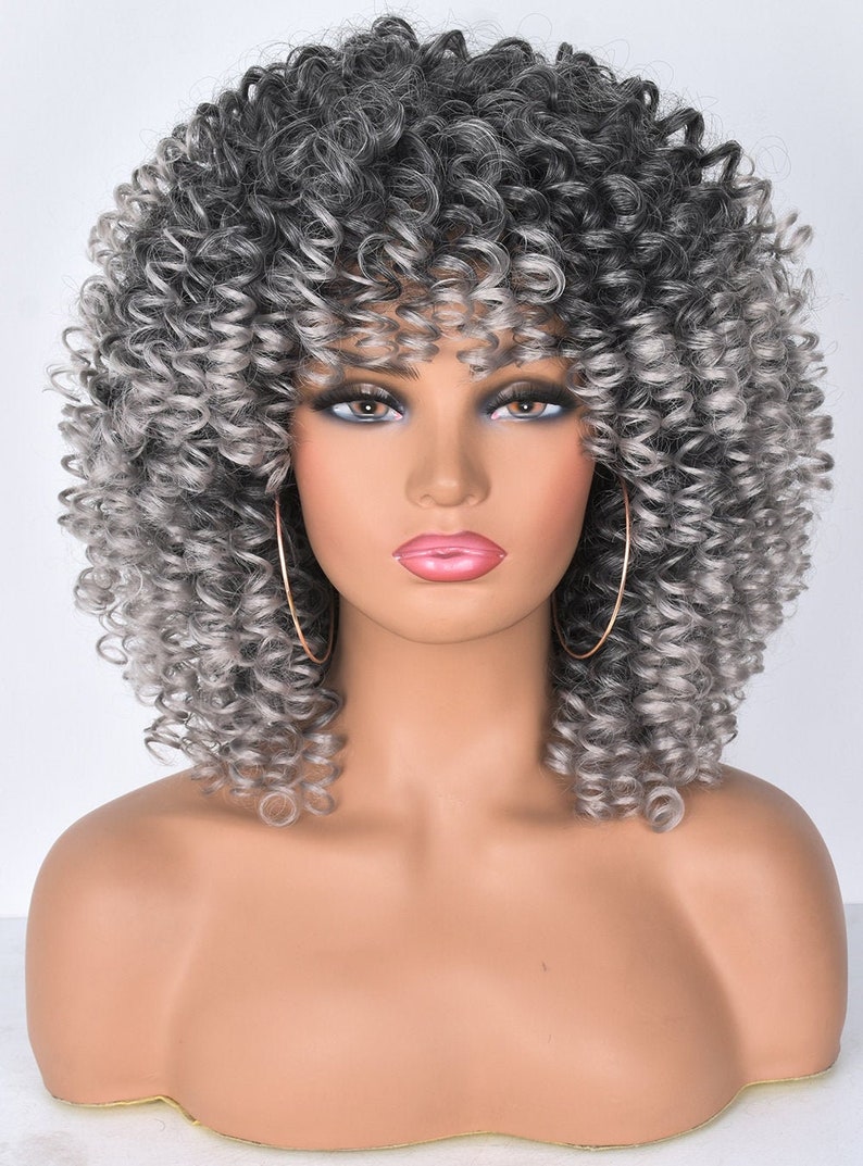 Short Curly Wig with Bnags for Black Women Ombre Grey Kinky Etsy