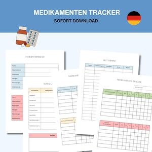 May include: A digital medication tracker with the text "MEDIKAMENTEN TRACKER" and "SOFORT DOWNLOAD". The image includes a pill bottle, blister pack, and several printable sheets for tracking medications, appointments, and emergency contacts.