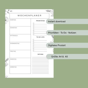 Minimalistischer Wochenplaner zum Ausdrucken mit Montag–Sonntag Übersicht, Prioritäten, To-Do Liste und Notizen im A4 und A5 Format