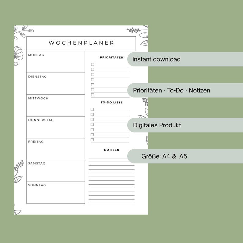 Minimalistischer Wochenplaner zum Ausdrucken mit Montag–Sonntag Übersicht, Prioritäten, To-Do Liste und Notizen im A4 und A5 Format
