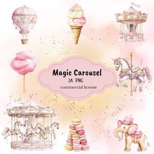 Carousel Watercolor Clipart pink | Horse Carousel Clipart | commercial Nursery Art | Cute baby shower PNG
