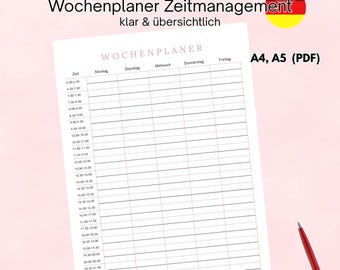 Wochenplaner Zeitmanagement | Strukturierter Wochenkalender mit Zeit | Printable A4 A5, Pink und Schwarz