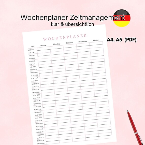 Wochenplaner Zeitmanagement | Strukturierter Wochenkalender mit Zeit | Printable A4 A5, Pink und Schwarz