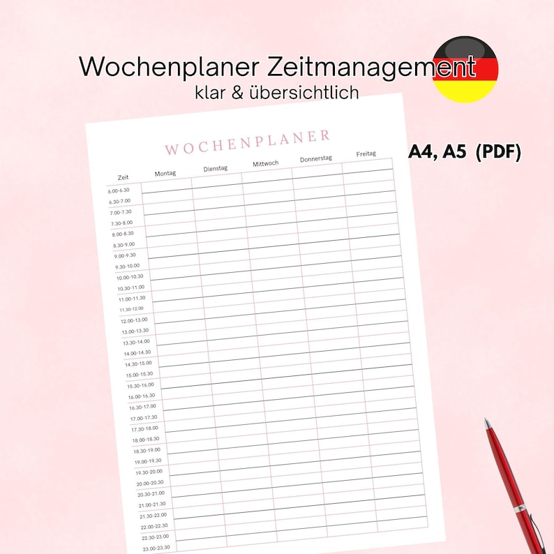 Minimalistischer Wochenplaner in Pink und Schwarz. weekly planner in german language