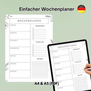 Minimalistischer Wochenplaner zum Ausdrucken mit Montag–Sonntag Übersicht, Prioritäten, To-Do Liste und Notizen im A4 und A5 Format