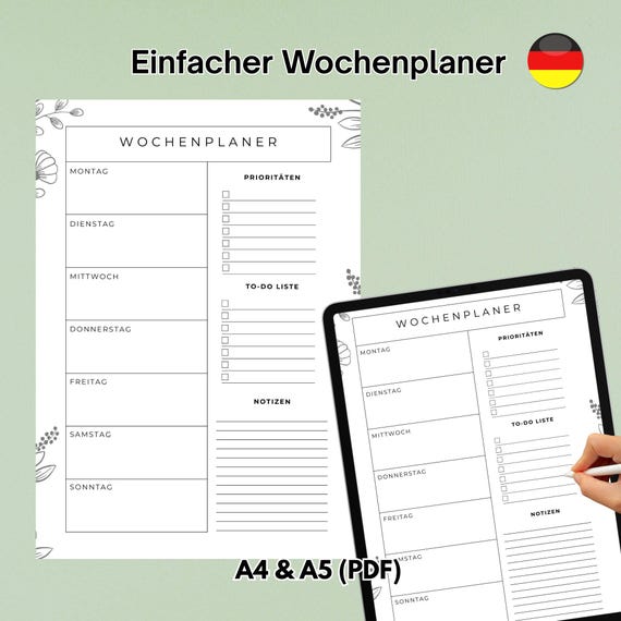Einfacher Wochenplaner – Minimalistischer Wochenübersicht zum Ausdrucken | A4 & A5 PDF - German - floral