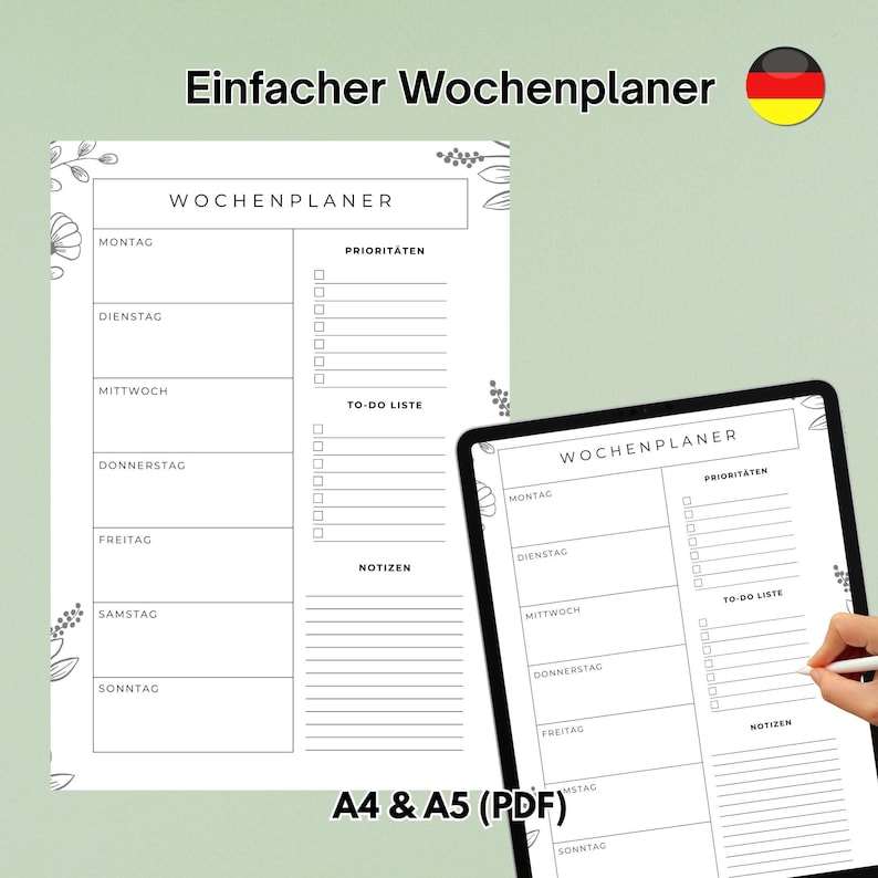 Minimalistischer Wochenplaner zum Ausdrucken mit Montag–Sonntag Übersicht, Prioritäten, To-Do Liste und Notizen im A4 und A5 Format