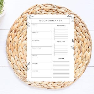 Minimalistischer Wochenplaner zum Ausdrucken mit Montag–Sonntag Übersicht, Prioritäten, To-Do Liste und Notizen im A4 und A5 Format