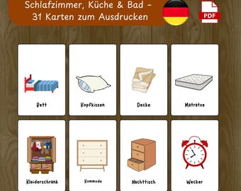 Montessori Lernkarten Deutsch – Schlafzimmer, Küche & Bad – 31 Karten zum Ausdrucken