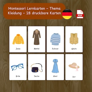 Tarjetas de vocabulario de Alemania Montessori: tarjetas imprimibles de ropa con adorables dibujos animados / 28 tarjetas de vocabulario alemán / PDF Lernkarten Thema Kleidung