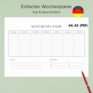 May include: A white weekly planner with the text "WOCHENPLANER" and daily columns for Monday through Sunday. The planner includes sections for notes and priorities. The text "Einfacher Wochenplaner klar & übersichtlich" is at the top.
