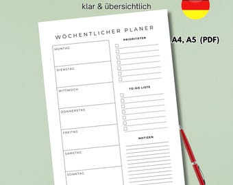 Einfacher Wochenplaner – Minimalistischer Wochenübersicht zum Ausdrucken | A4 & A5 PDF - German